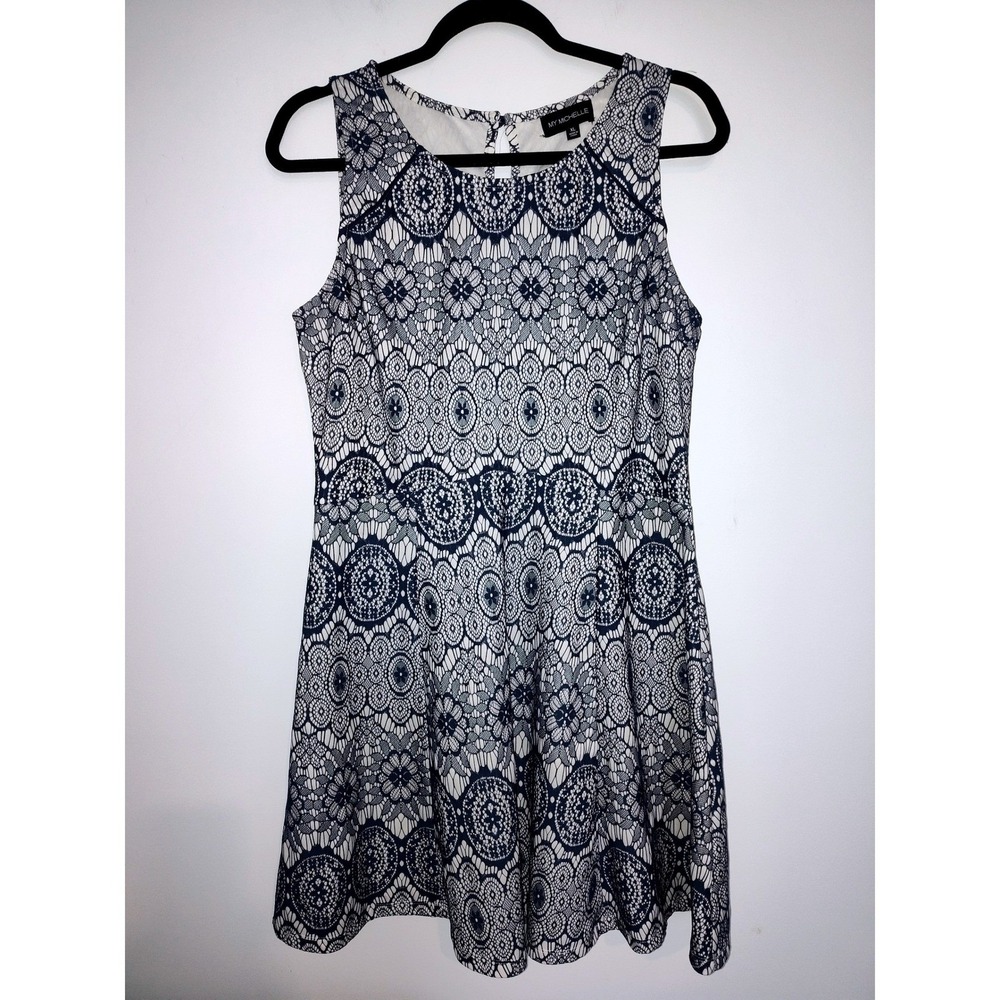 My Michelle Womens XL Navy Blue White Lace Fit Flare Dress Sleeveless Medallion